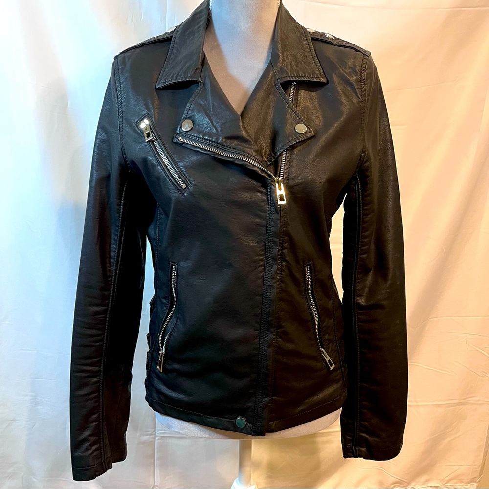 Vegan Leather Biker Jacket faux leather Size Large side zippers bodycon black